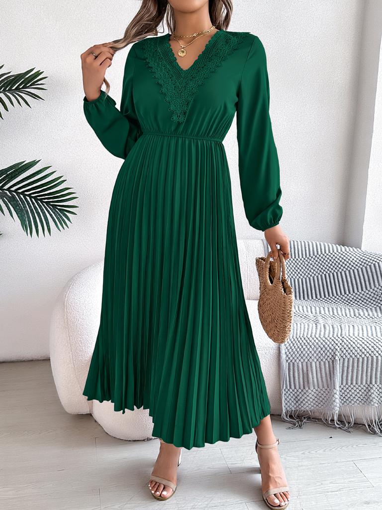 Dames Elegante Europese Stijl V-hals Kant Hoge Taille Lange Mouwen Geplooide Maxi Jurk
