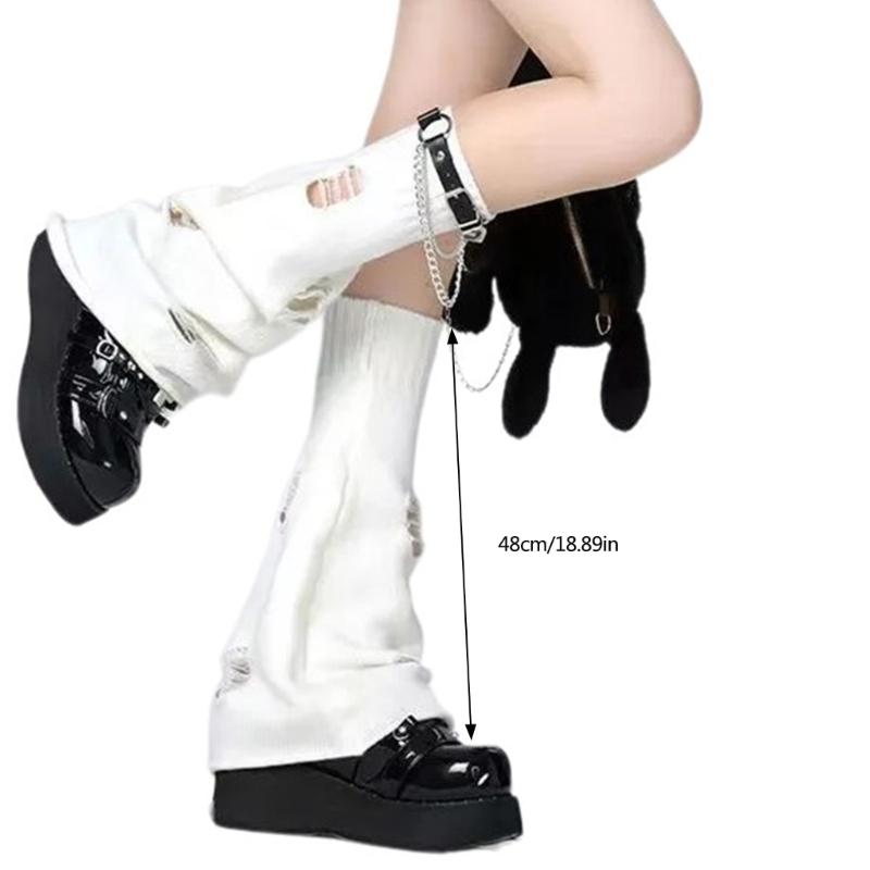 Gothic Punk Ripped Hole Knit Leg Warmers Sleeve with Chain Leather Buckled Belt Flared Boot Covers Long Socks for Women