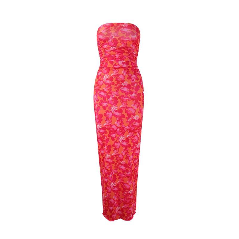 Sexy Strapless Floral Maxi Dress Slim Fit Beach Vacation 2026