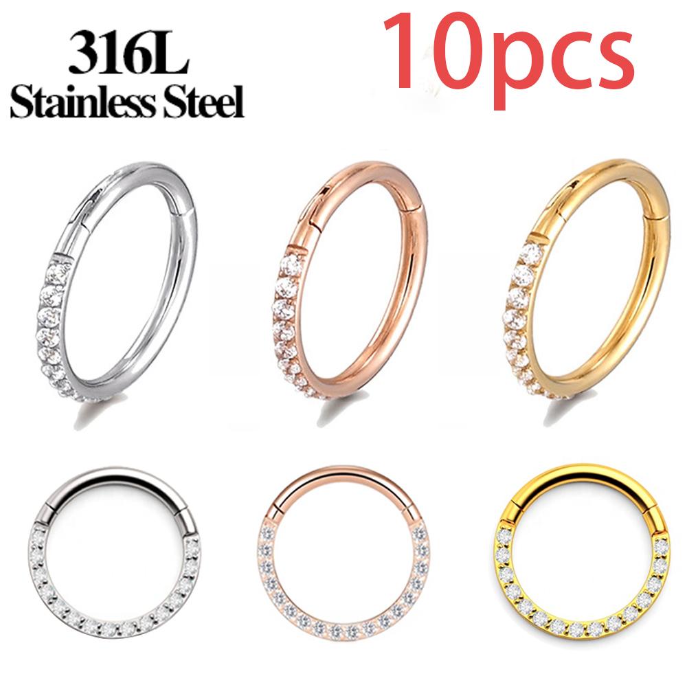 10pcs Stainless Steel Hoop Earrings Nose Ring for Women Piercing White Zircon Body Jewelry Round Nose Ring