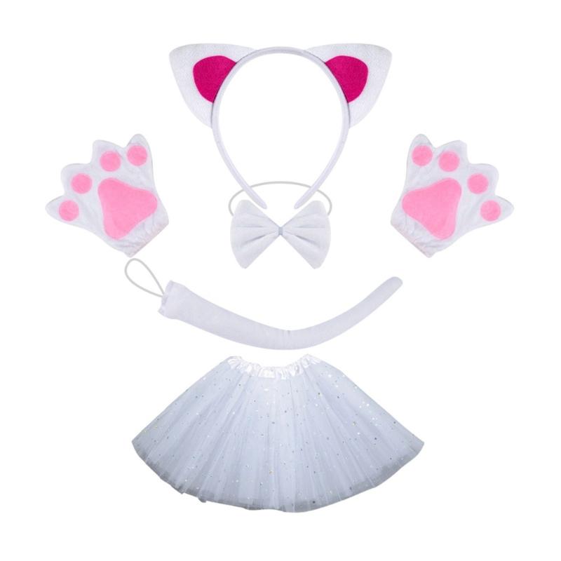 Cats Costume Set Includes Cats Tail Headband Bowtie Glove Skirt Halloween Catgirl Dress up Outfit for Kid Women Cosplay