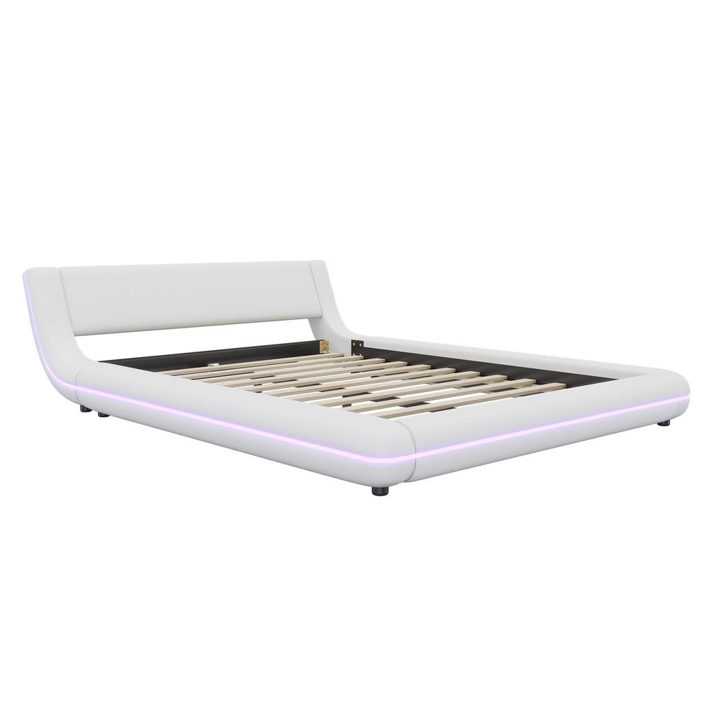 Polsterbett 140x200cm mit LED Beleuchtung, Bodenbett Doppelbetten mit Kopfteil und Lattenrost, Ohne Matratze