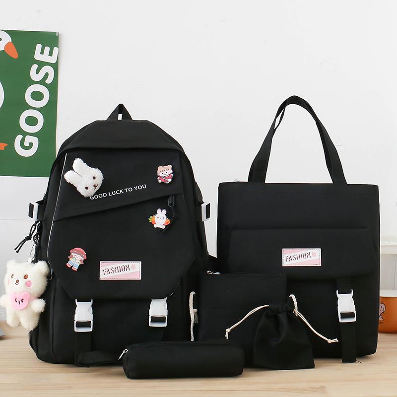 Fashionable Schoolbag Contrast Color Schoolbag Female Primary School Junior High School Student Backpack Campus Five-piece Set Canvas Casual Backpack