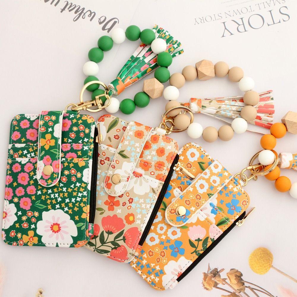 Boho Style Wristlet Wallet Keychain Fragmented Design Leather Card Bag Keychain  Women's Accessory