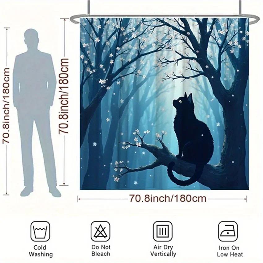 Mystical Night Forest Cat Shower Curtain - Water-Resistant, Easy To Clean, Adds A Magical And Serene Touch Toyour Bathroom Decor