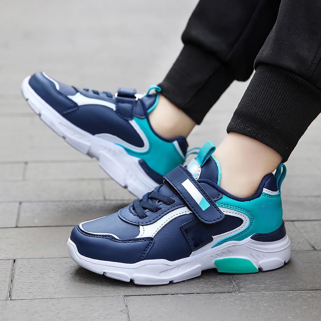 Children's Synthetic Leather Running Shoes Lightweight Breathable Athletic Sneakers Hook and Loop Closure Durable Outsole Flexible Design