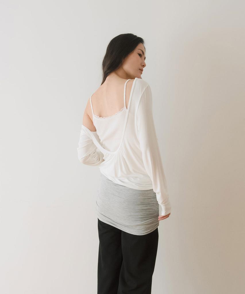Ieoning Layered Loose Shirring U-Neck Top, White_Grey