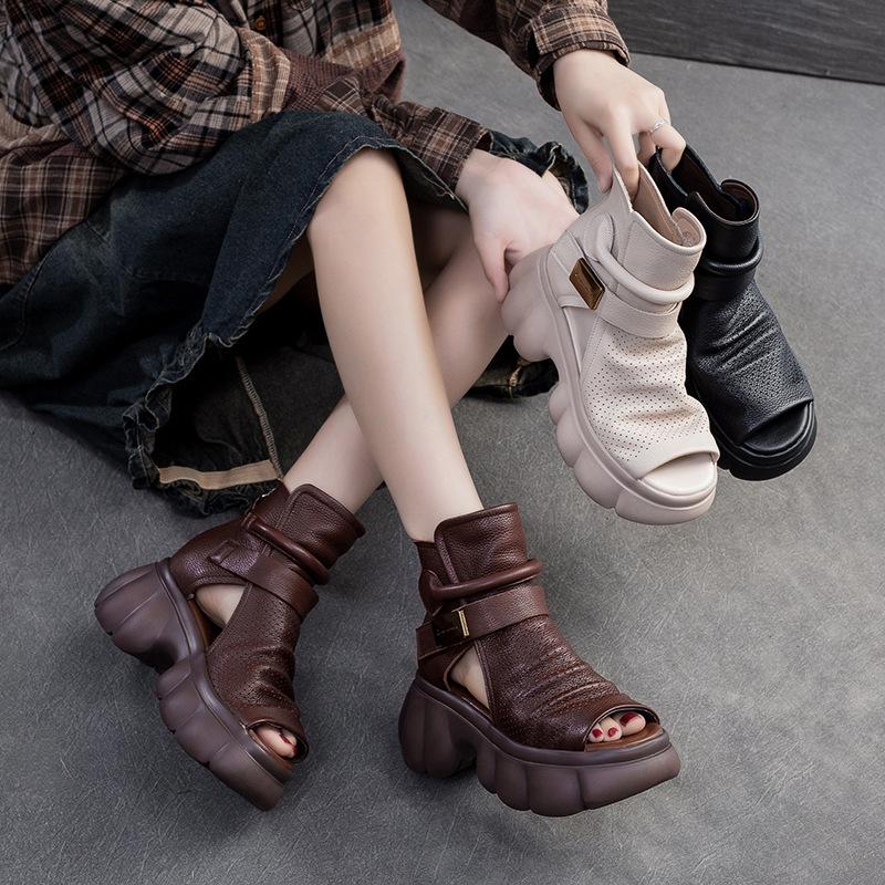 Sommer Sandalen für Damen aus echtem Leder mit offenen Zehen und Perforation im Retro-Stil, atmungsaktive Mules mit Reißverschluss hinten