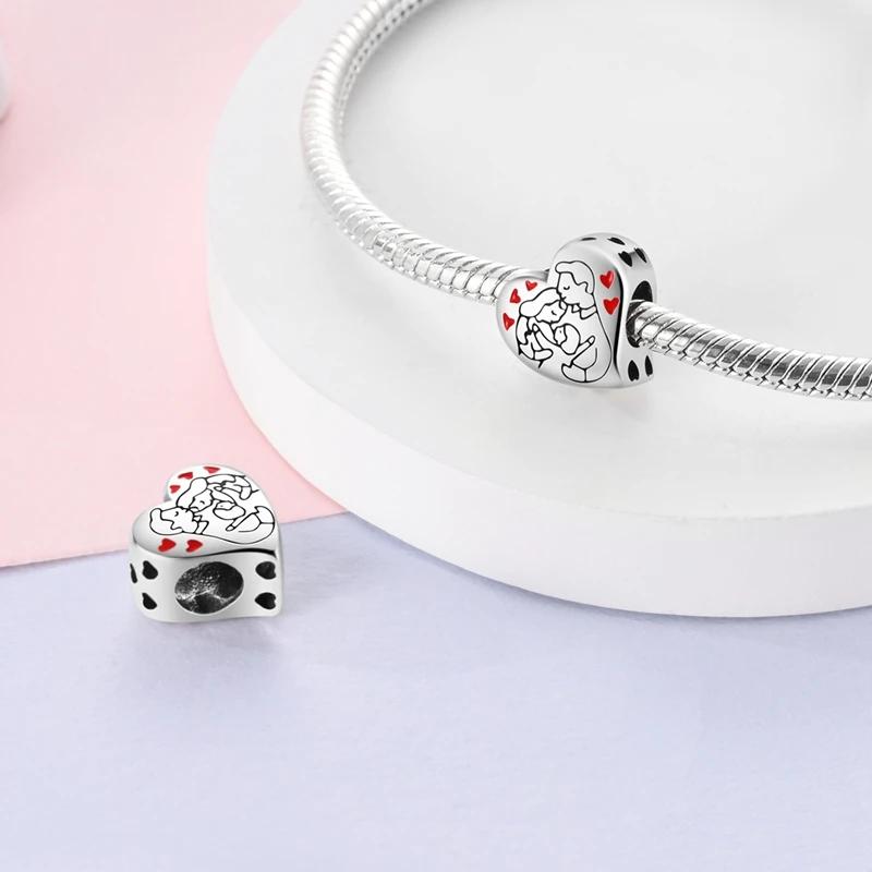 Original Charms Copper Plated Happy Family Parent-Child Heart Beads Fit Bracelets For Women Jewelry Making Gifts