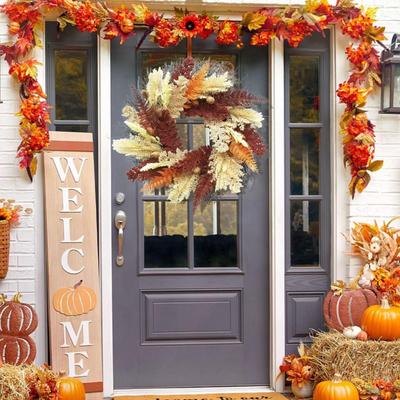 Artificial Wheats Ears Wreath, Rustic, Round Harvest Wreath for Holiday Porch Farmhouse Window