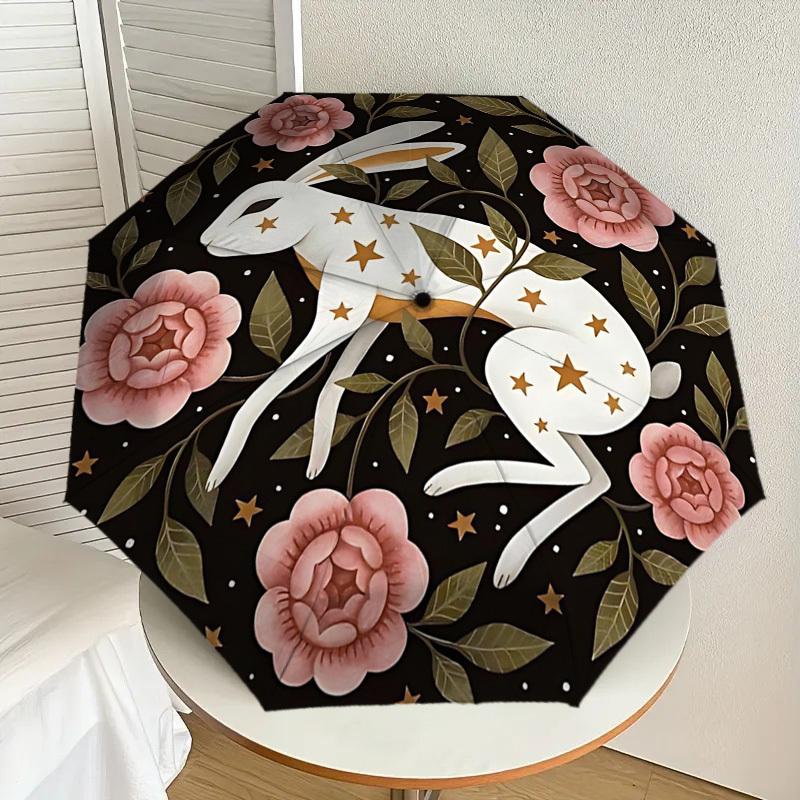 1pc rabbit flowers Automatic Folding Umbrella 8 Rib Iron Frame,  Suitable for Travel, Daily Use, Birthday, Women & Men Gift c1231077