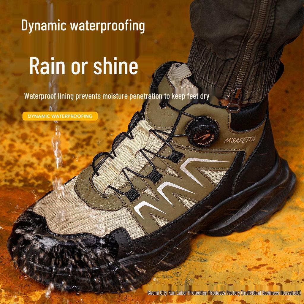 Men's High-Top Safety Boots: Anti-Smash, Anti-Puncture, Durable, Comfortable, Easy Button Closure for Work Protection
