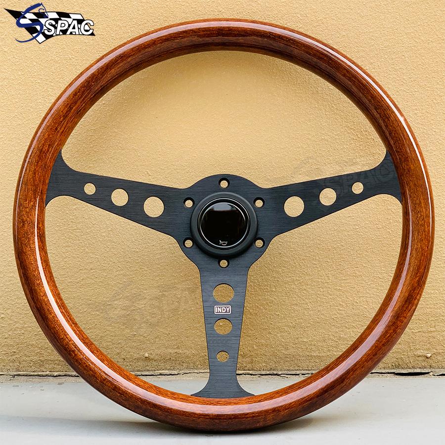 Universal INDY Wood Style Vintage Steering Wheel 14 Inch Wood Grain Classic Steering Wheel Gloss Black
