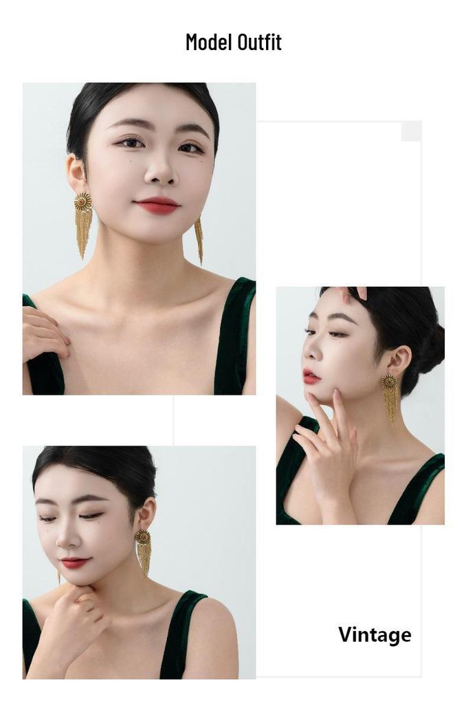 Retro Rhinestone Flower Pendant Tassel Earrings with 925 Silver Needles