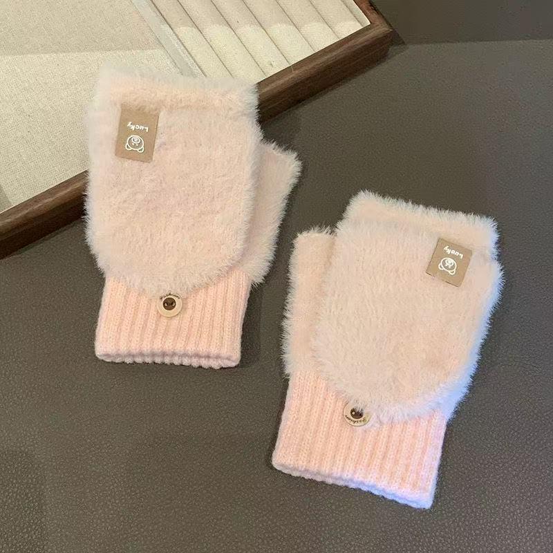 Women'S Winter Gloves Warm Plush Student Flip Top Mittens Writing Office Soft Fluffy Outdoor Thick Anti-Cold Half-Finger Gloves