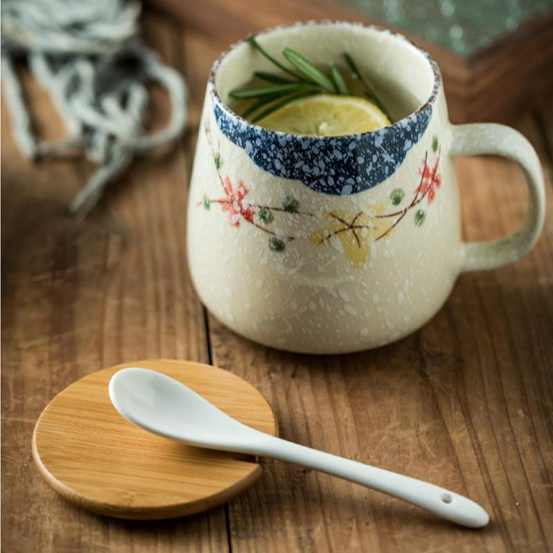 Ceramiczny kubek do kawy w stylu japońskim z uchwytem Kubek na śniadanie, mleko, owsiankę z pokrywką i łyżeczką Domowy kubek do herbaty, wody, odporny na ciepło