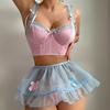 Cute Girl Bow Sexy Backless Suspender Perspective Mesh Skirt Split Sexy Underwear Set