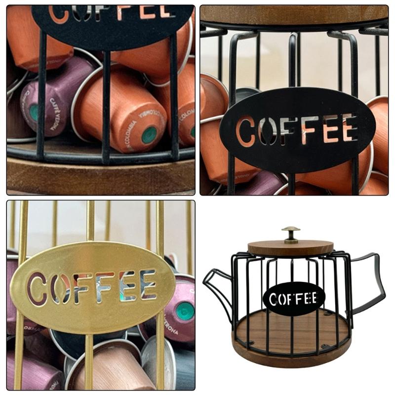 Coffee Capsules Organizer with Lid Large Capacity Espresso Pods Storage Basket Wooden Base Kitchen Countertop Cup