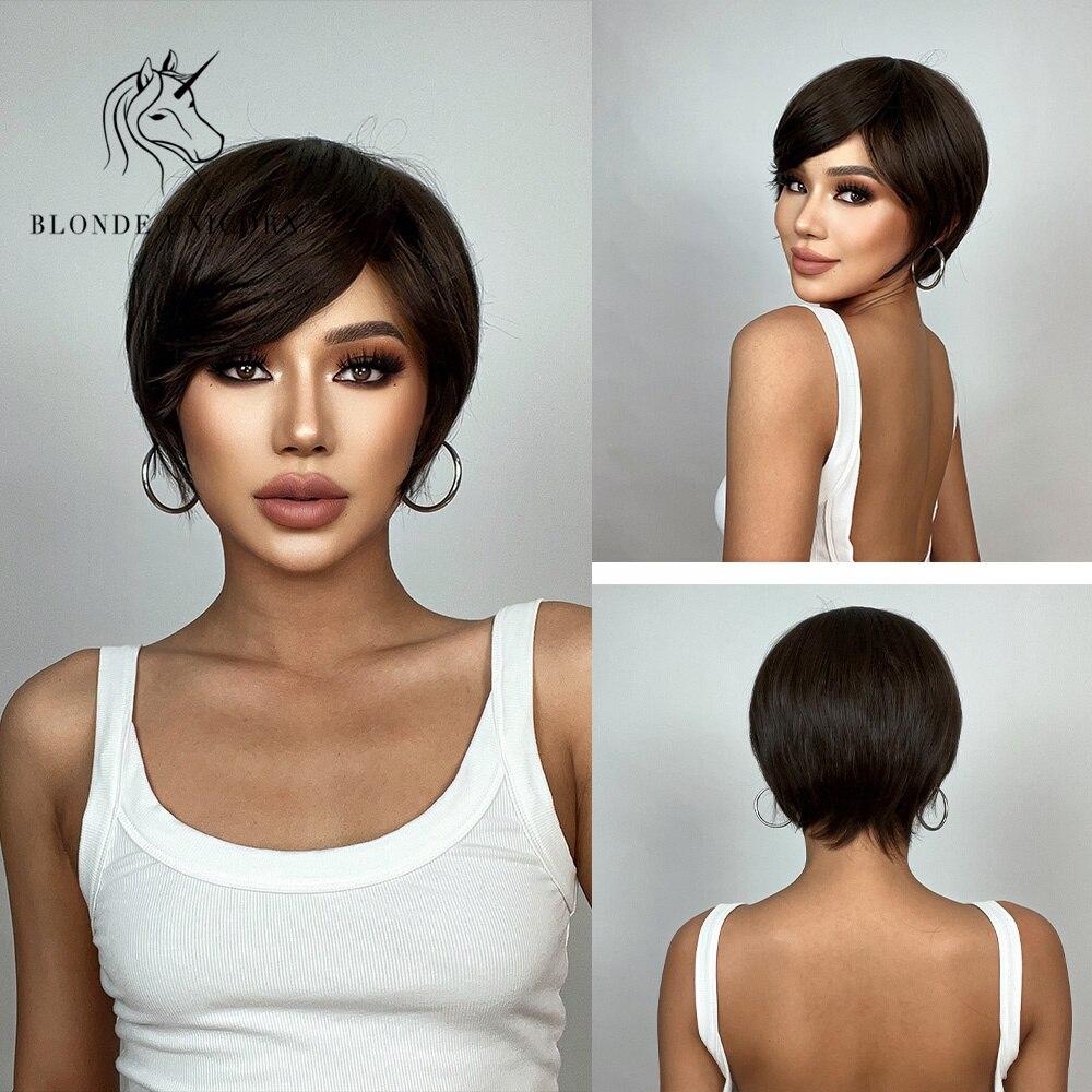 BLONDE UNICORN Blcak Wig Short Bob Wig Synthetic Natural Pixie Cut Hair Wigs Daily Party Use For Women Heat Resistant Fiber