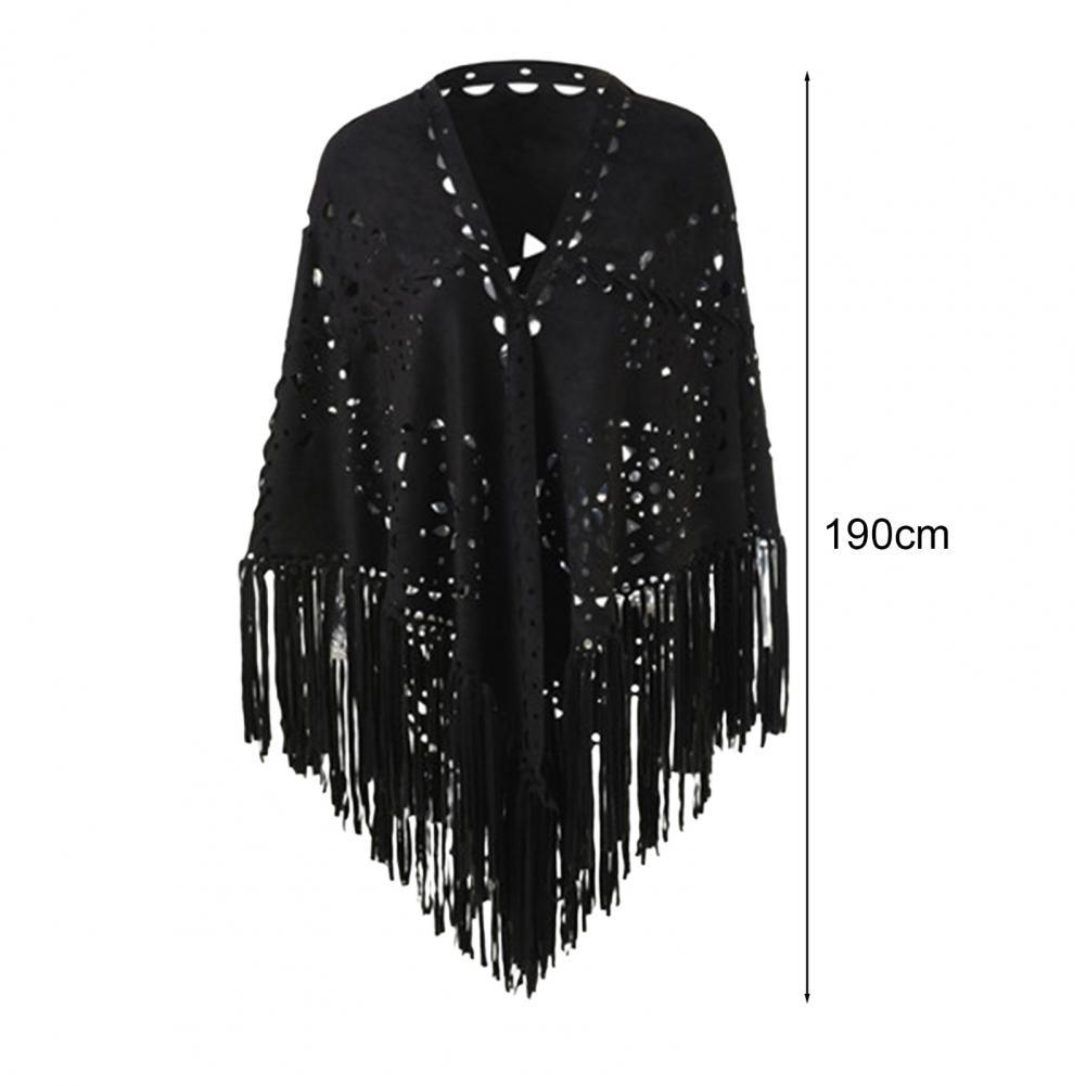 Women Shawl Warm Fabric Solid Color Versatile Hollow Tassels Hem Winter Scarf Comfortable Shawl Wrap