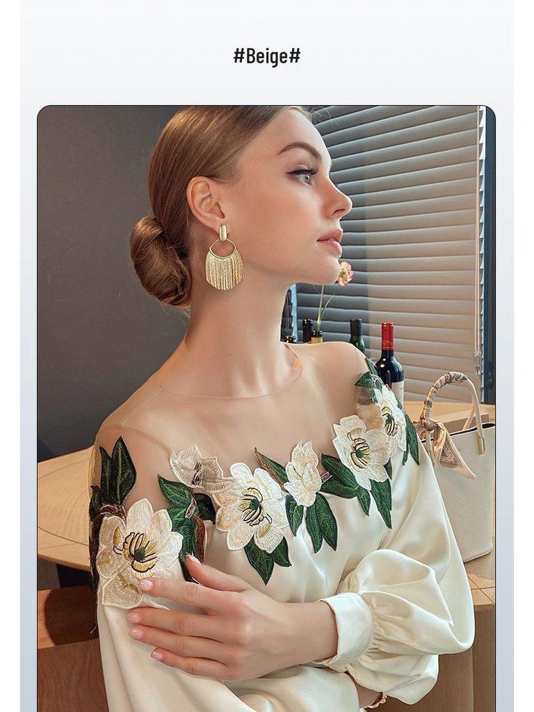 Spring 2024 Women's Chic Floral Embroidered Mesh Shirt