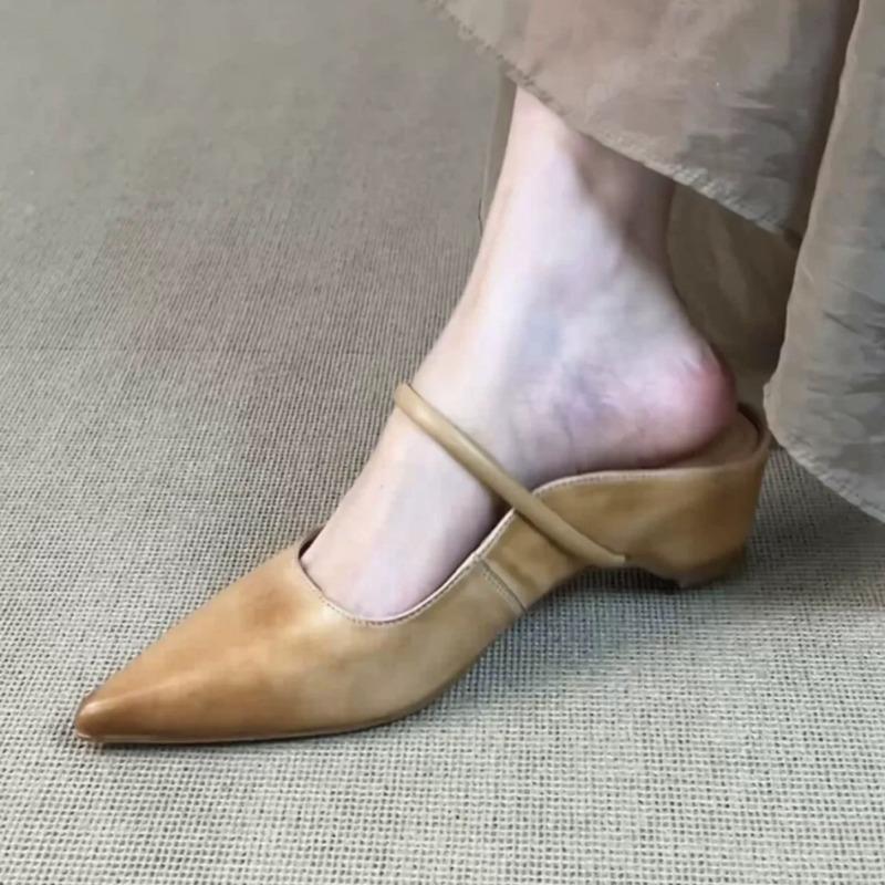 Cowhide Version~ French Temperament Polished Pointed Head with Bag Head Half Slippers Women Wear Height-increasing Sandals In Summer