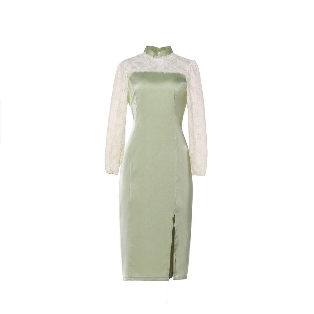 Heqi Jane 1011 Spring and Summer New Elegant Slim Slim Bone Erosion Fashion Comfortable Lace Splicing Acetic Acid Dress Improved Cheongsam