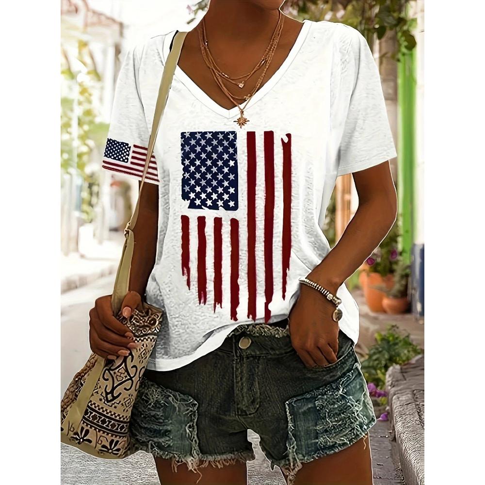 2026 New Star Print Women's T-Shirt Plus Size Top America Flag Summer Women's Trendy Clothing Short Sleeve Shirt V-Neck Blouse