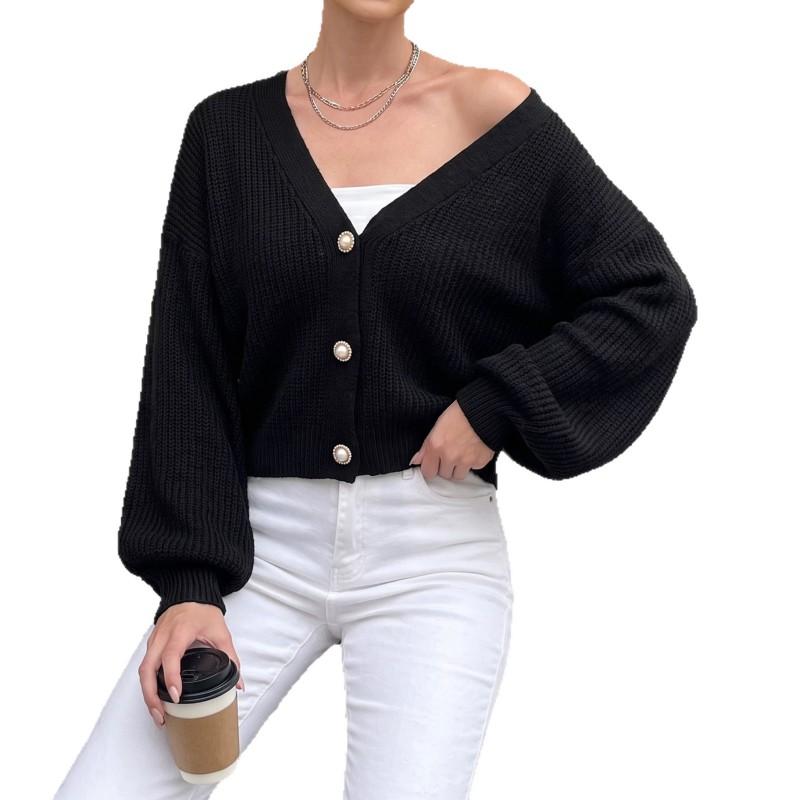 Womens Short Knit Cardigan Fall Winter Casual V-Neck Pearl Button Sweater