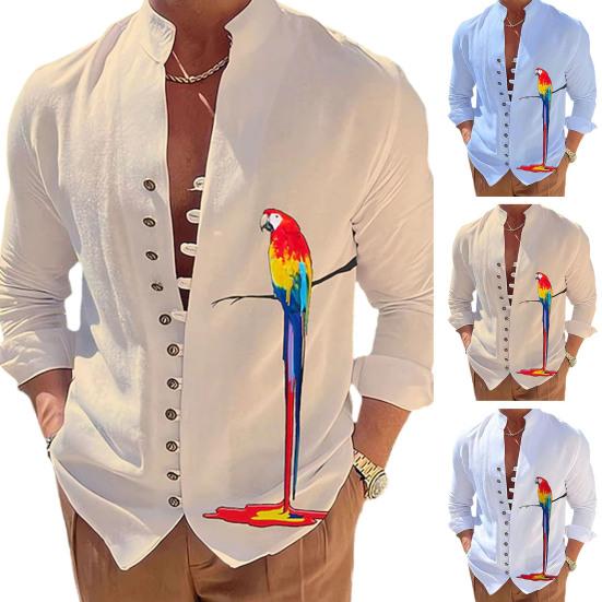 Männer Hemd Papagei Druck Stehkragen Langarm Einreiher Mittlere Länge Täglich Tragen Lässige Weiche Atmungsaktive Männer Herbst Top männlichen Kleidung