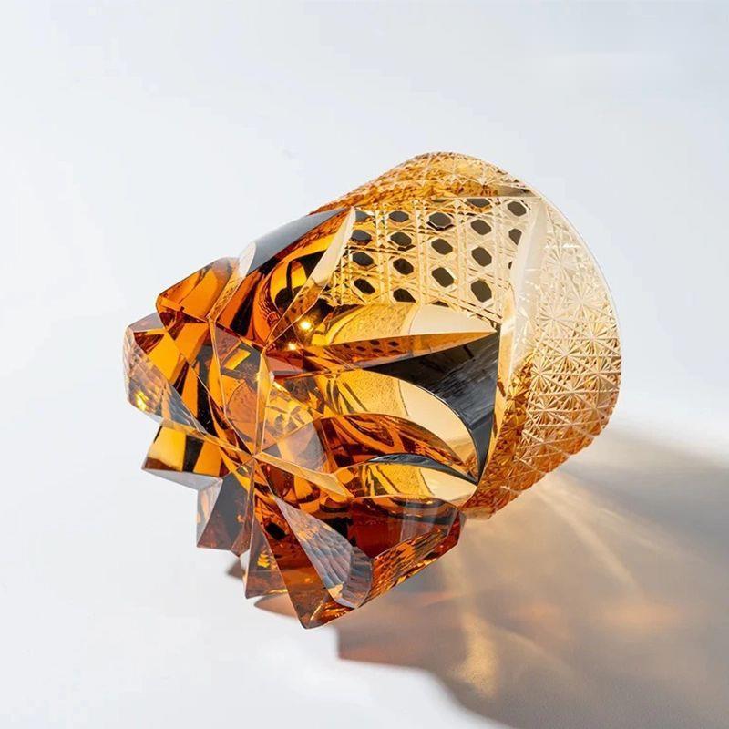 3D Relief Royal Court XO Whisky Tasting Cup Japanese Edo Kiriko Crystal Wine Glasses Manual Diamond Cut Amber Gem Whiskey Glass