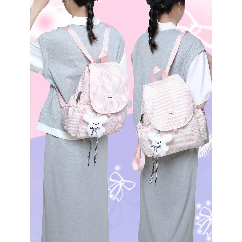 Korean-style canvas backpack for students niche checkered college casual small backpack women's flip cover backpack