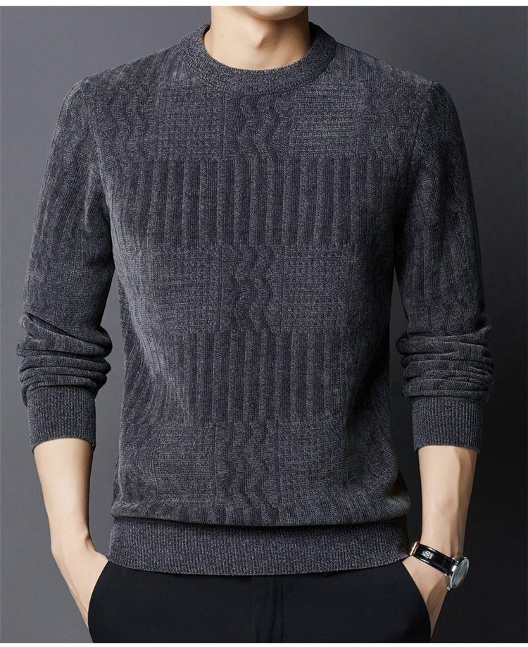 Mid-aged Men's Fleece-lined Warm Chenille Round Neck Base Layer Knitwear for Autumn/Winter