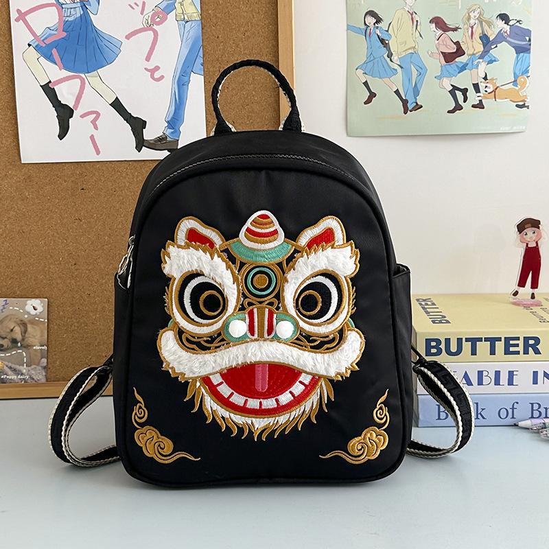 Schoolbag Guochao Lion Dance Embroidered Backpack Women's New Retro Fashion Versatile Large Capacity Go Out Play Small Backpack