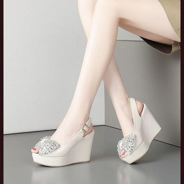 Wedge heel platform sandals summer new British style open-toed waterproof table high heels one-word buckle with rhinestone women's shoes