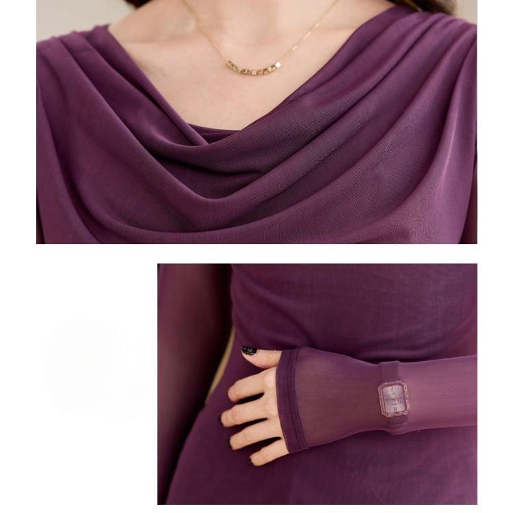 Autumn Elegant Slimming Blouse Women Long Sleeve Mesh Tops Fashion Drape Neck Slim Fit Tee Basic Shirt