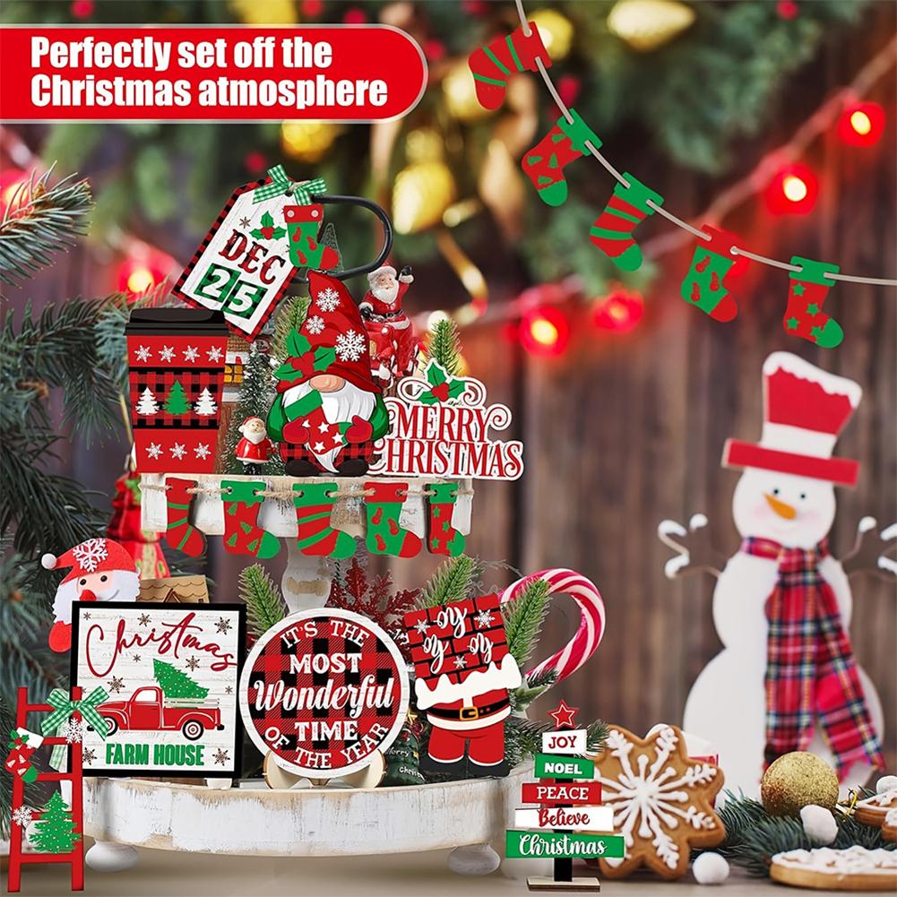 14Pcs Christmas Tiered Tray Decor Wear Resist Xmas Tree Wooden Signs Tiered Tray Centerpieces Decoration for Home Table Shelf