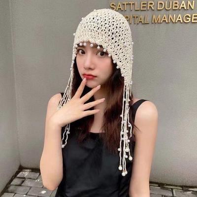 Cute Handmade Crochet Hats Ethnic Pearl Headscarf Hats Hollowed Out Breathable Tassels Hats Women's