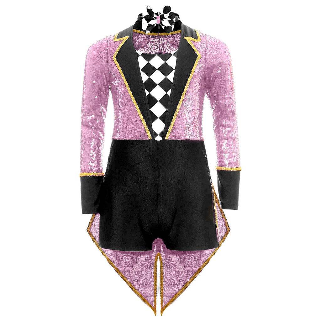 Unisex Kids Circus Magician Costume Long Sleeve Sequins Checkerboard Tailcoat Bodysuit Bow Tie Cosplay Outfit