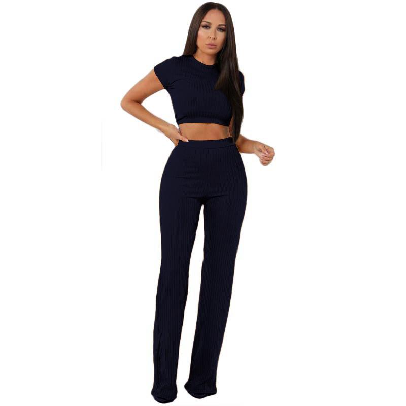 Women Ribbed 2 Pcs Set O Neck Crop Top 