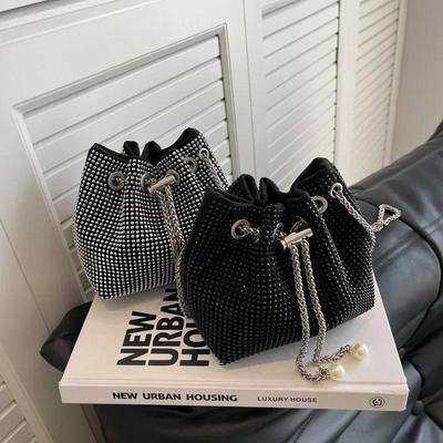 Women Chains Crossbody Bag Drawstring Bucket Handbag Luxury Lady Armpit Handbag Daily Totes
