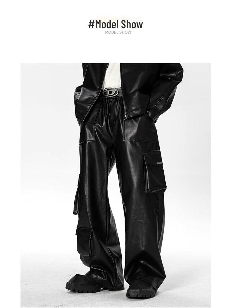 Men's Autumn West Coast Hip-Hop Punk Multi-Pocket Leather Pants