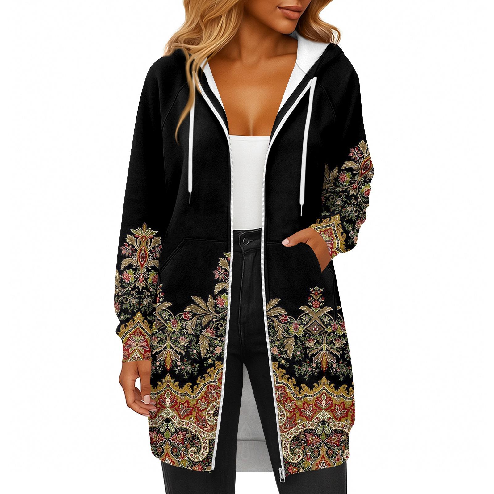 

Женская модная толстовка с длинными рукавами, принтом, капюшоном на кулиске, карманом на молнии, длинная, повседневная XXL чёрный