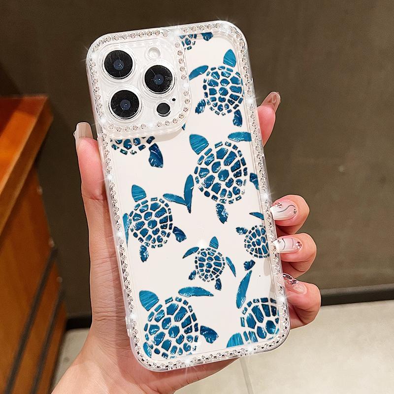 Diamond Frame Clear Phone Case For iPhone 16E 16 Pro Max 15 Pro 14 13 12 11 Whale Turtle Pattern Soft Silicone Shockproof Cover
