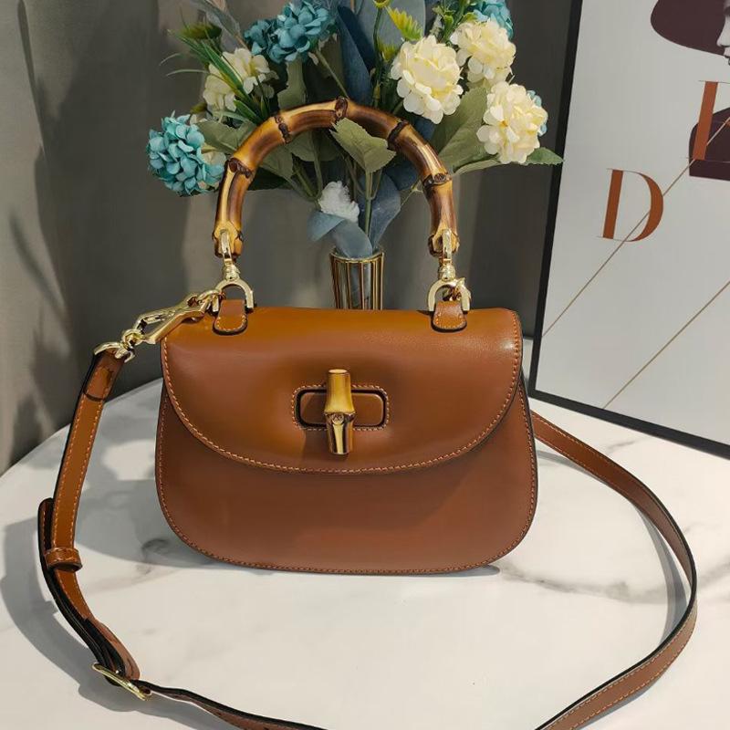 New High-end Messenger Bag Retro Simple Bamboo Bag Leather Fashion Saddle Bag Wide Shoulder Strap Single Shoulder Handbag