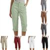 Women Casual Capri Pants High Waisted Rolled Cuff Ankle Pants Solid Color Pocket Detail Loose Fit Trousers