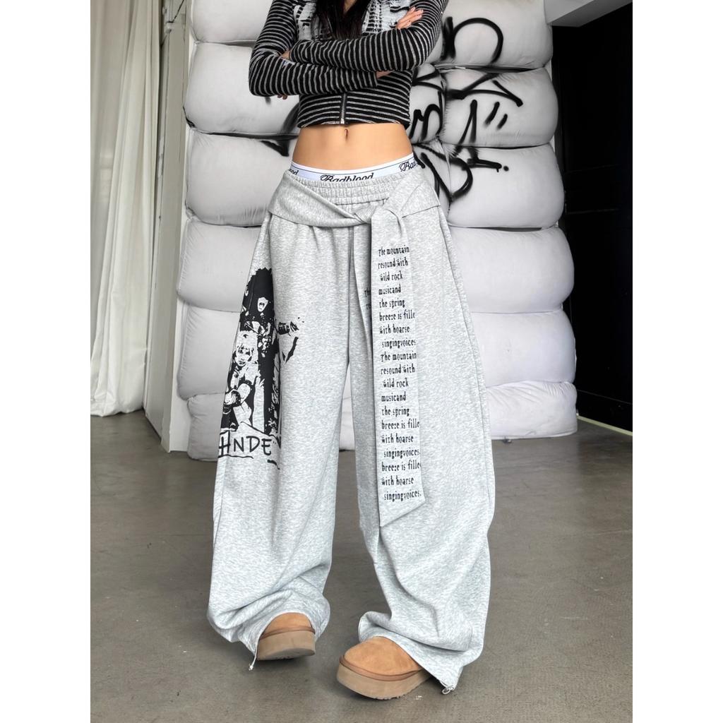 Women American Street Sweatpants Letter Sash Wide Leg Pants Vintage Loose Hip Hop Jazz Dance Baggy Curved Trousers