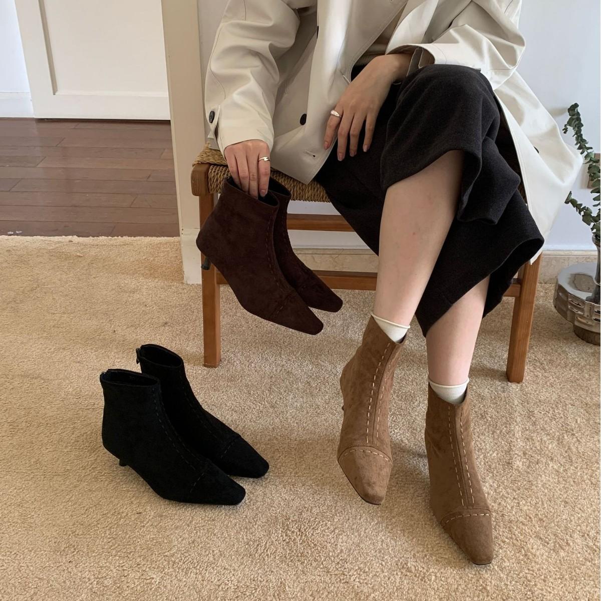 

2025 New Autumn Square Head Suede Skinny Low Tube Martin Fashion Chelsea Commuter Zipper Versatile Women s Boots 39 коричневый