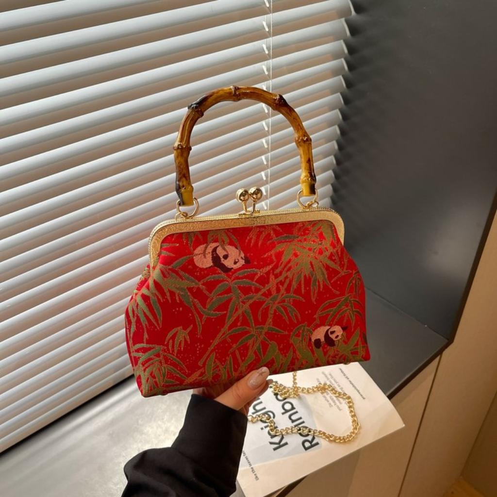 Handbag Women Cloth Bamboo Handle Panda Print Daily Commute