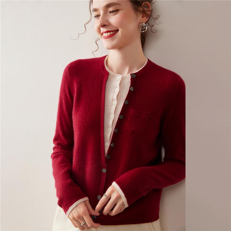 Women's Autumn/Winter Round Neck Single-Breasted Color-Block Cashmere Cardigan - Long Sleeve, Short Knit Sweater, Fake Two-Piece Design.